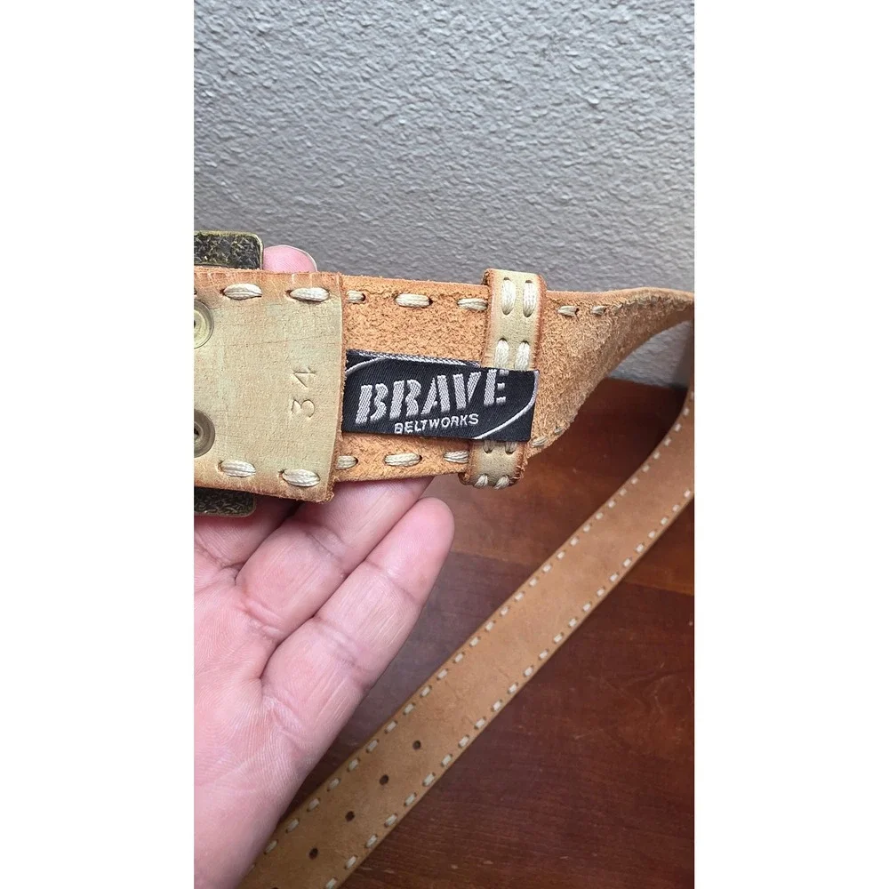 Brave Beltworks Leather Belt Mens 34 Tan Whipstitch Brass Buckle Canada Made